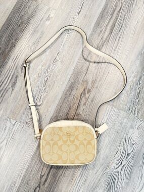 Coach Beige Signature Canvas Crossbody Bag with Cream Trim